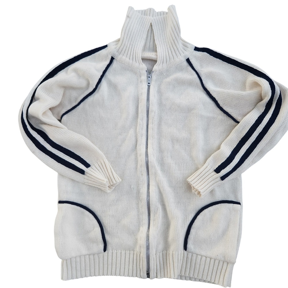 1950‎ Rare Knit Metal Zip Sweater Ivory Blue Stripe Athletic Kids 7/8, Adults xs